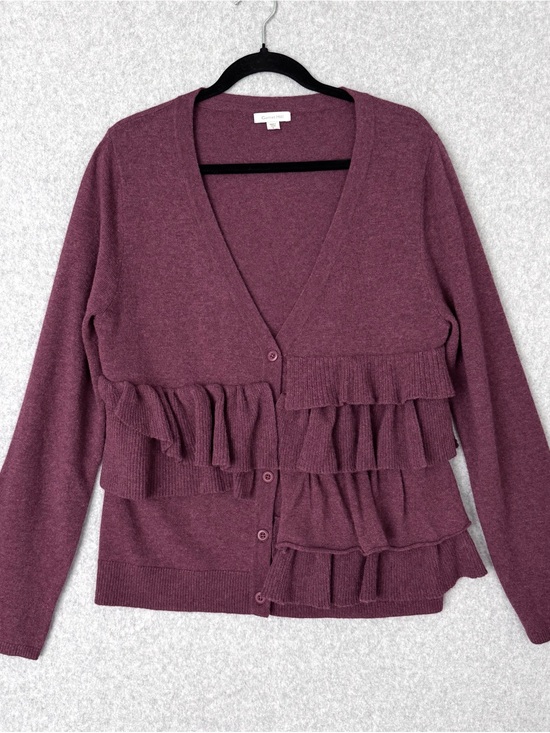 Garnet Hill Sweaters - Garnet Hill Cardigan Sweater Large Burgundy Purple Red Wool V-neck Ruffle Front